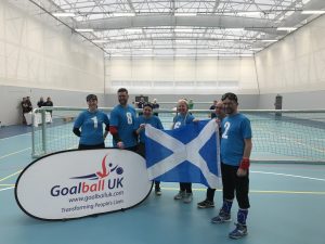 Paul with his Glasgow goalball teammates representing Scotland at the home nations tournament