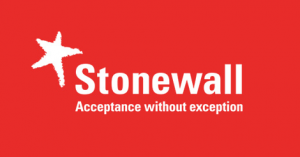 Stonewall logo which features a bright red background with Stonewall, acceptance without exception in white writing in the middle.