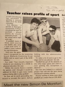 Another newspaper extract about Sue Manton's contribution to supporting the growth of goalball in Leicester.