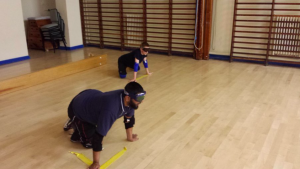 Mohammed Javid playing in centre at a Kirklees Goalball Club session.