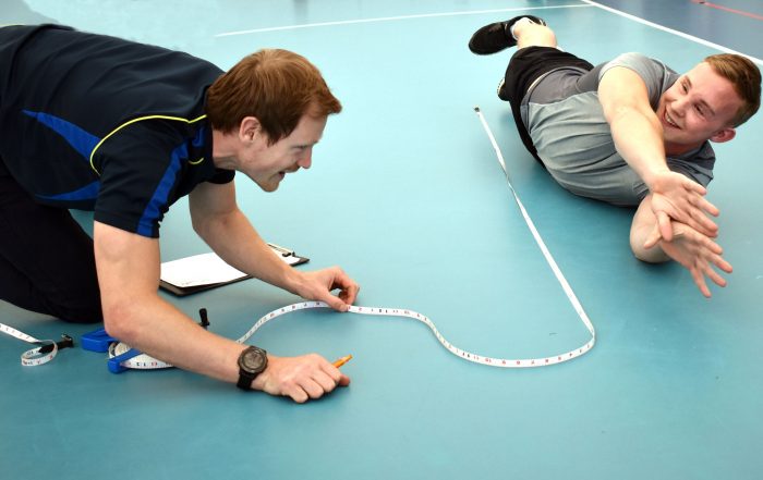 GB player Josh McEntee being measured whilst in his barrier position