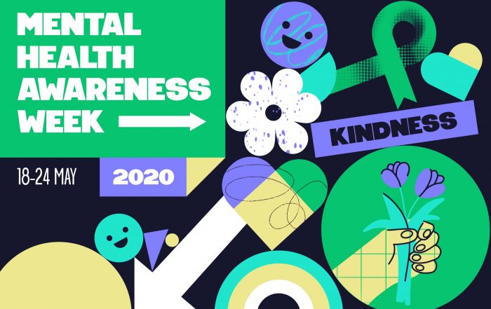 Mental Health Awareness week promotional image, with the word 'Kindness' as the focal point