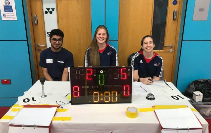 Fiona, in the centre, table officiating at a Goalball UK tournament in Sheffield