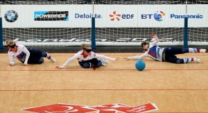 Image shows the GB Womens goalball team in action at the London 2012 Paralympics