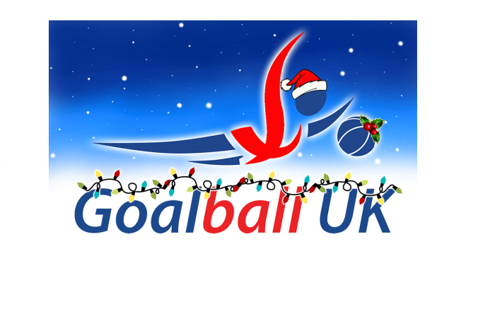 Goalball UK Christmas logo. It shows the Goalball UK text with Christmas lights hung up along the word with the goalball player wearing a Santa hat.