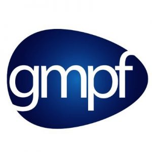Greater Manchester Pension Fund logo. It has a dark blue background in the shape of a guitar pick with white writing of the first letter of each word 'g m p f'