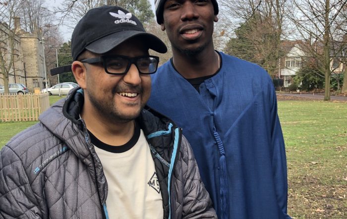 Abu-bakr Ishtiaq meeting Paul Pogba, football player of Manchester United.