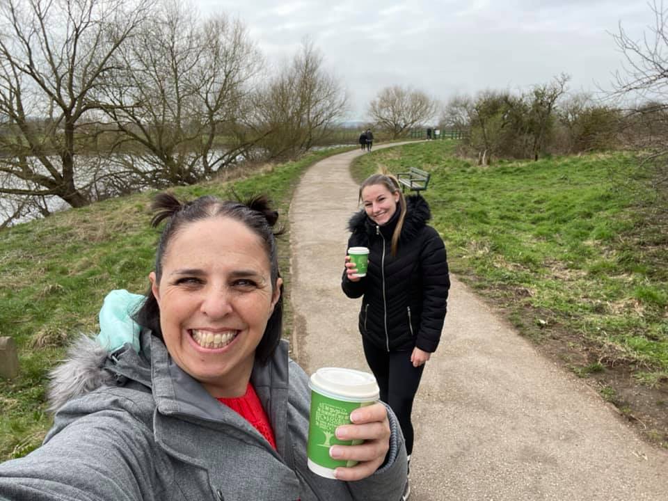 Hannah Webber and Kirsty Allen on a scenic walk together with hot drinks to keep warm!!
