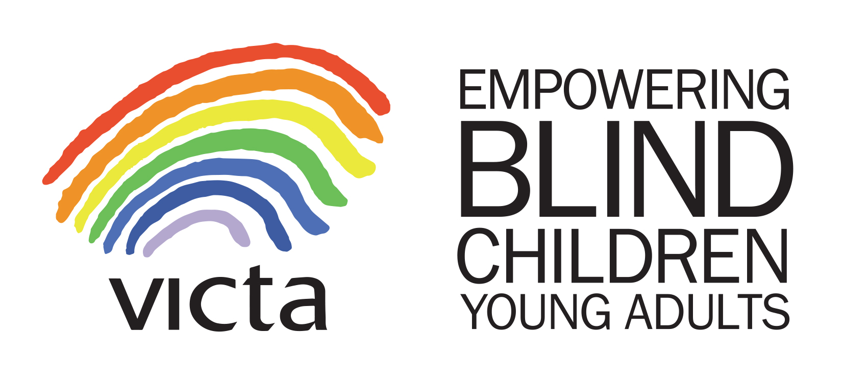 The VICTA logo which is a rainbow and text saying 'Empowering blind children and young adults'