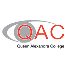 QAC logo - red capital letters surrounded by a grey eye shape and Queen Alexandra College written below