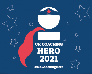 Image shows the UK coaching heroes logo featuring the basic outline of a person who has a cape on