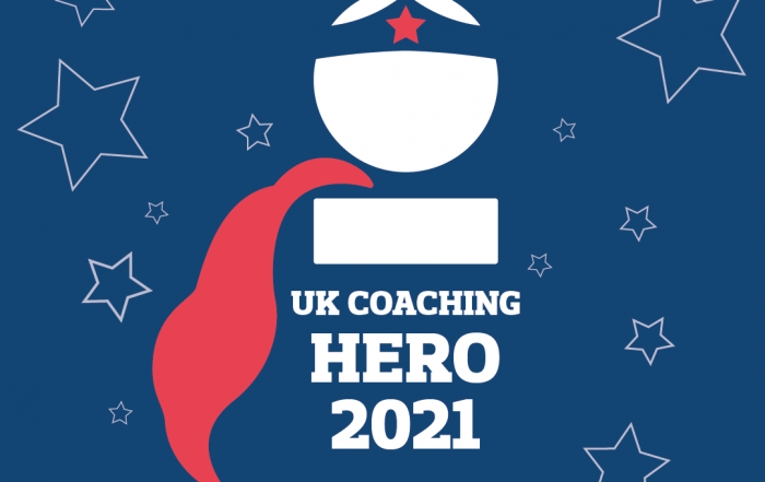 Image shows the UK coaching heroes logo featuring the basic outline of a person who has a cape on