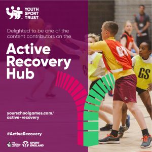Image is of the Youth Sport Trust promotion photo for the Active Recovery Hub featuring children playing Netball