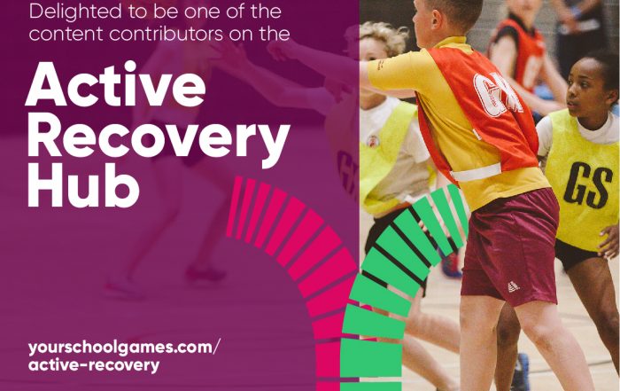 Image is of the Youth Sport Trust promotion photo for the Active Recovery Hub featuring children playing Netball