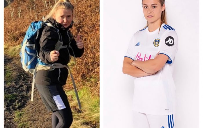 A split photo of Jodie Redgrave and Josie Hewson. Jodie is out walking in nature whilst Josie is pictured in her Leeds United kit.