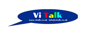 VI Talk in a speech bubble with website address and email address below