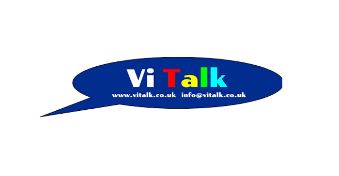 VI Talk in a speech bubble with website address and email address below