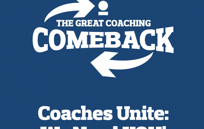 UK Coaching banner for their "Great coaching comeback" with a lady holding a basketball underneath the logo.