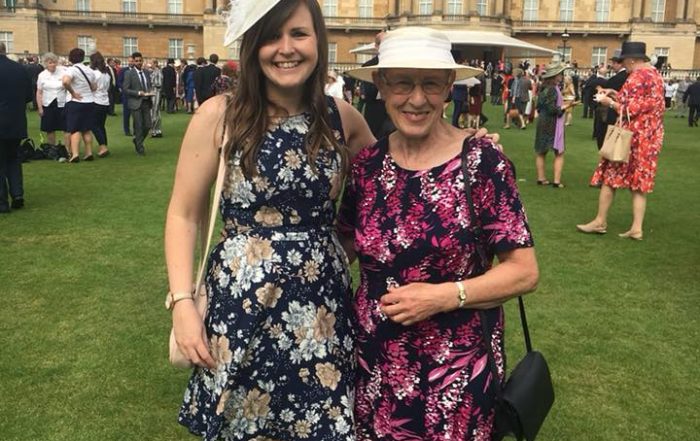 Dina Murdie and Becky Ashworth stood together at Buckingham Palace Garden Party.
