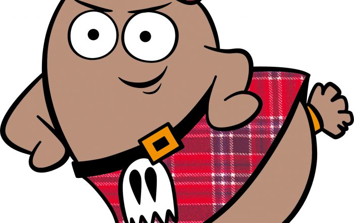 Haggeye logo which is a cheeky looking cartoon haggis wearing a red tartan hat and kilt