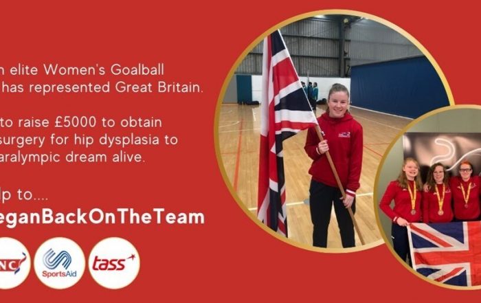 Megan Smithson-Booth fundraiser promotional image showing Megan holding a GB flag.