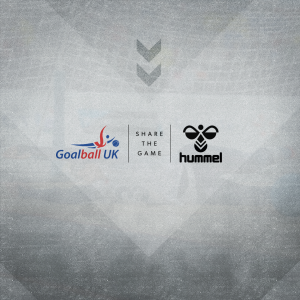 Goalball UK logo in front of a grey background next to Hummel's logo, to announce the partnership!