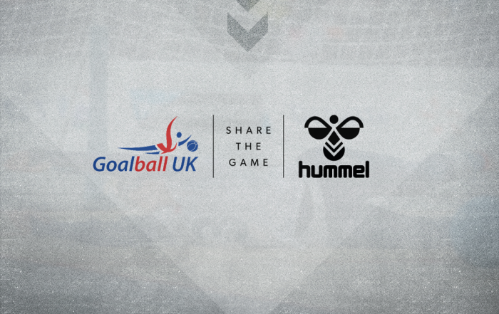 Goalball UK logo in front of a grey background next to Hummel's logo, to announce the partnership!
