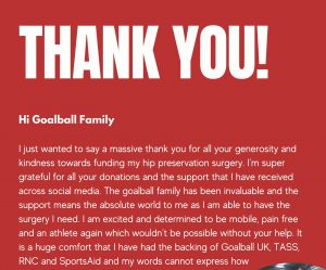 Megan Smithson-Booth open letter thanking the #GoalballFamily.