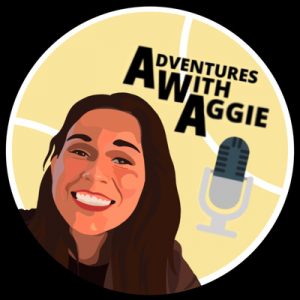 Adventures with Aggie logo featuring a graphic picture of Aggie on the left and a microphone on the right.