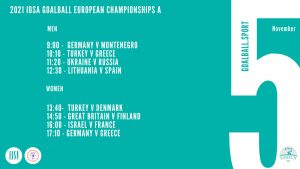 IBSA Goalball graphic with the opening day fixtures on November 5th of the European Championships A.