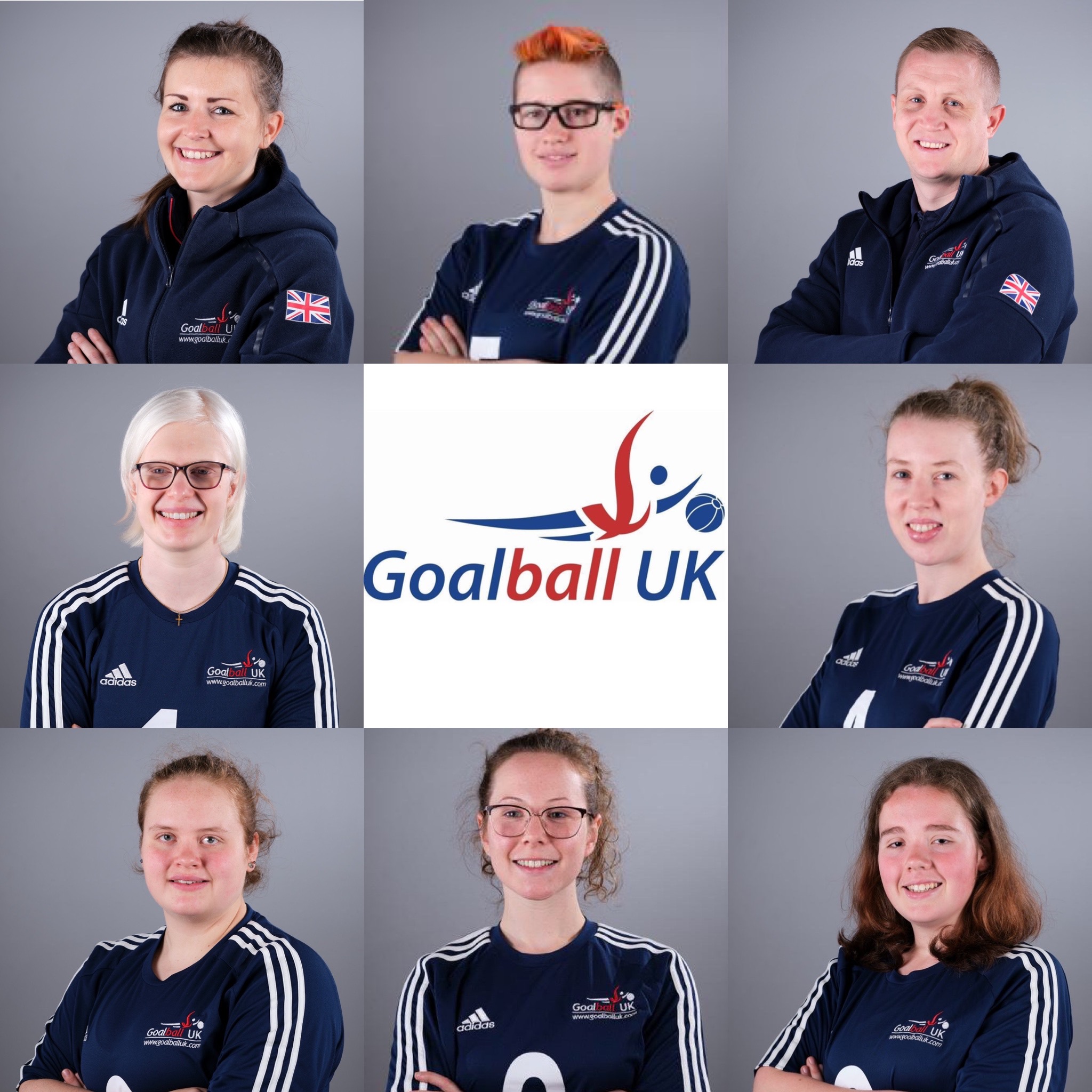 GB Women's 'virtual' team squad photo with players and coaches headshots in chunks of the image side by side. 