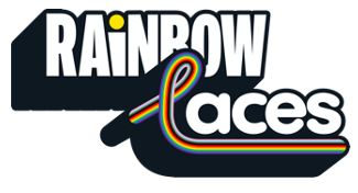 Rainbow Laces in animated font with the L in laces shaped like a rainbow lace.
