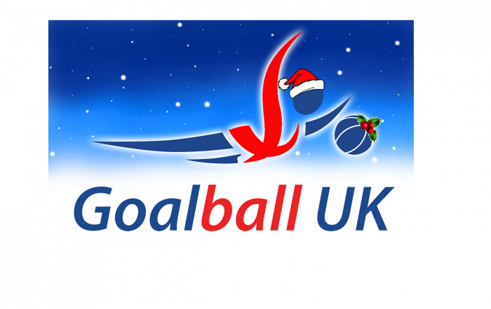 Goalball UK festive logo with a Santa hat and festive goalball!