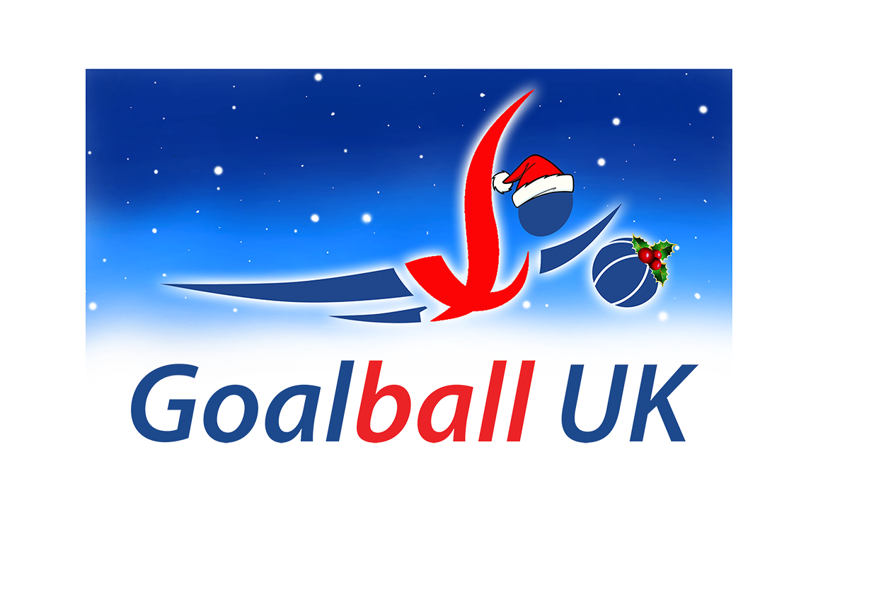 Goalball UK festive logo with a Santa hat and festive goalball!