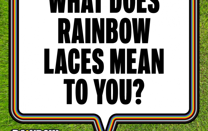 Rainbow Laces 2021 graphic with a speech box asking the question "What does Rainbow Laces mean to you?".