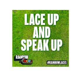 Lace Up and Speak Up in bold white text in front of a green grass background with the rainbow laces logo in the bottom left.