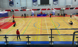 Aerial photo of a goalball court during the final of the 2022 Intermediate Trophy between RNC and Winchester.