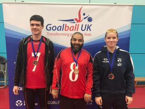 Amjad Khan stood with Matt Woofe and Meme Robertson post goalball competition with bronze medals around their neck!
