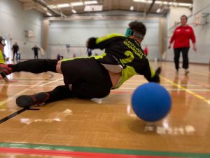 Josh Windle playing for Croysutt Warriors, unfortunately for Josh the goalball is rolling underneath his arm and going to go in!