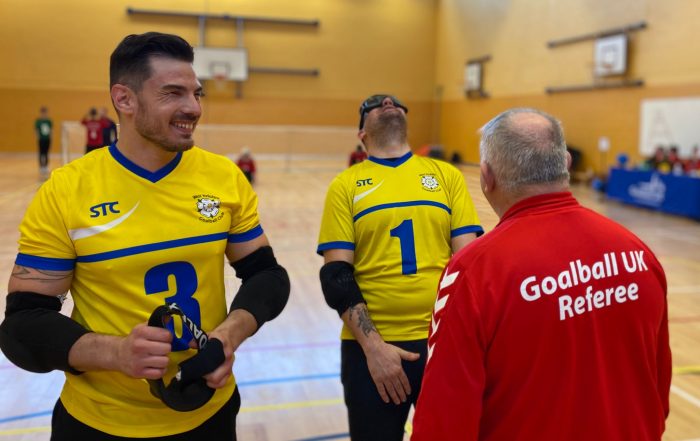 Phil Green and Josh Windle getting their eyeshades checked by referee Robert Avery, Josh is smiling after someone must have said a funny joke!