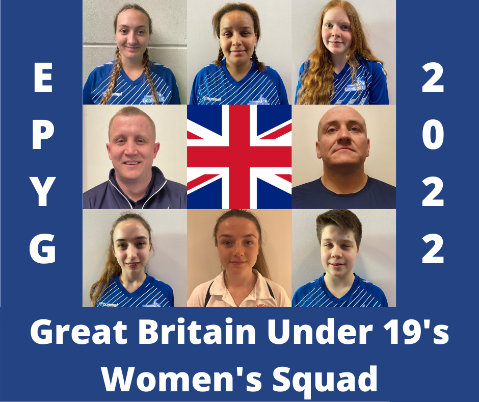 Graphic showing the Great Britain Women's squad at the Under 19 European Para Youth Games. There is a 3 by 3 grid of photos of the team. Top row: Sam, Alex, and Chelsea. Middle row: Aaron, a GB flag, Tommy. Bottom row: Ciara, Mollie, and Freya.