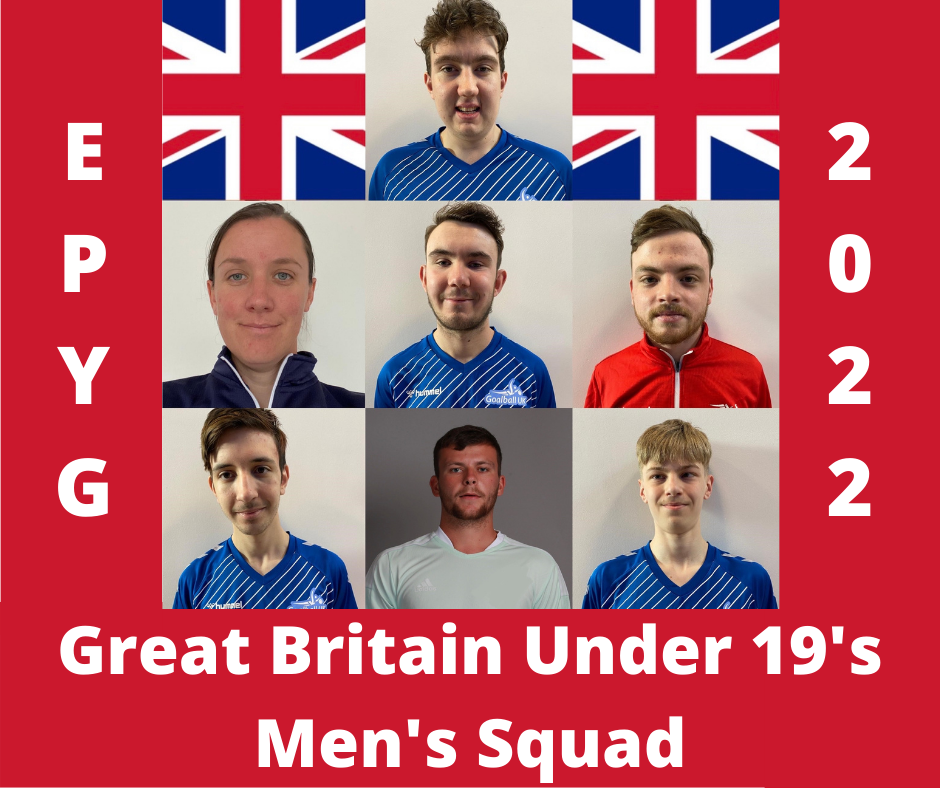 Graphic showing the Great Britain Women's squad at the Under 19 European Para Youth Games. There is a 3 by 3 grid of photos of the team. Top row: A GB flag, Conall, and a GB flag. Middle row: Faye, Jacob, Aaron. Bottom row: Paddy, Thomas, and Bobbie-Jack.