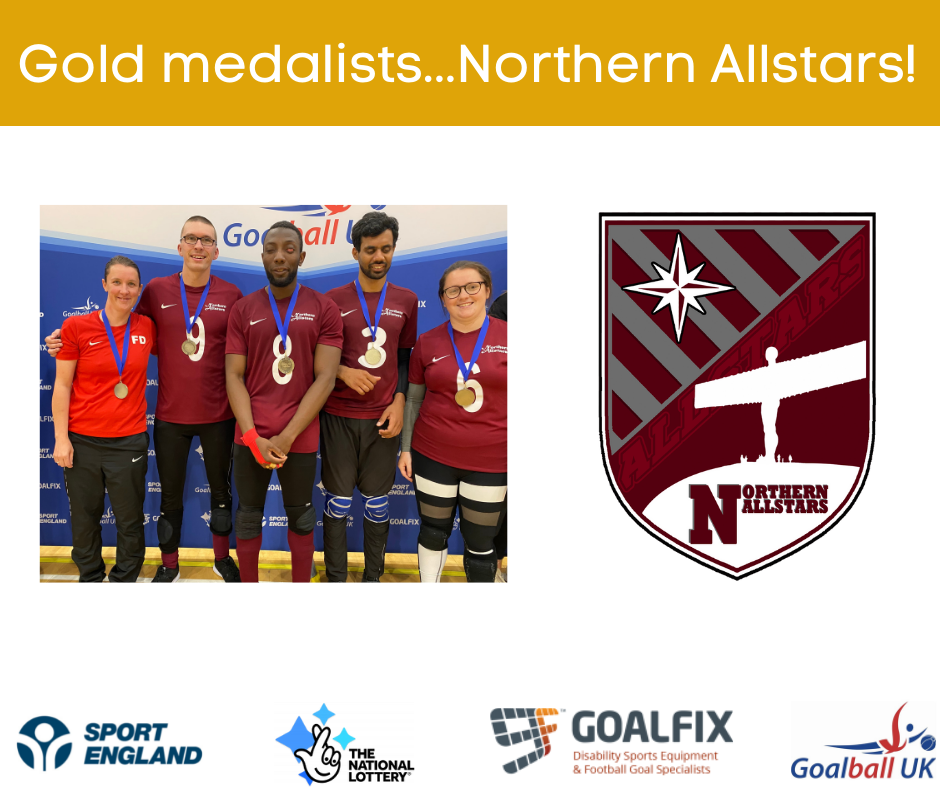 Gold medal graphic with Northern Allstars team photo on the left, their logo featuring the Angel of the North on the right and a banner above that reads "Gold medalists...Northern Allstars!" with a gold background.