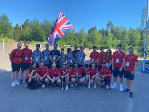 Great Britain group photo at the European Para Youth Games opening ceremony. GB goalball are joined in the photo with Para Table Tennis, with people mixed together for a photo.