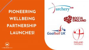 "Pioneering wellbeing partnership launches" in white text on an orange background on the left half. On the right, is the Goalball UK, Archery GB, Boccia England, and England Handball logos.