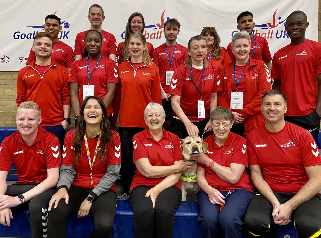 A team picture of all the referees and activators (and Sandy the guide dog) at the Goalfix Cup