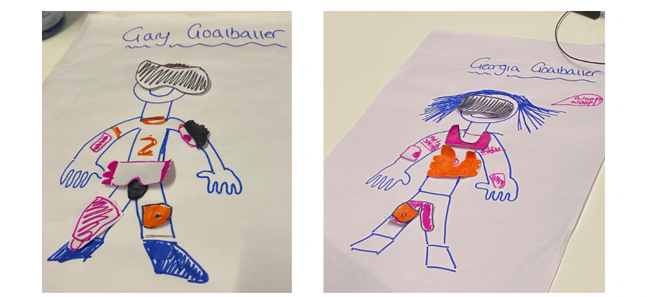 A graphic showing two drawn pictures of goalball players. On left, is a male player called Gary, on the right is a female player called Georgia with cutout pieces of protective equipment stuck to them, including eyeshades, rib padding, and hip padding.