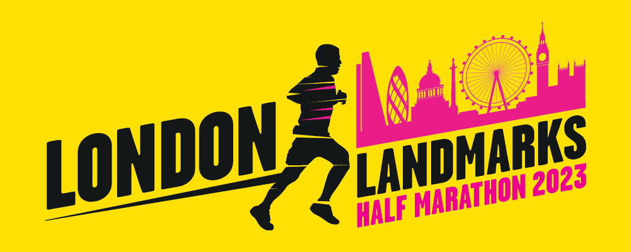 Yellow graphic with the outline of a runner in black and text that reads London Landmark Half Marathon 2023. There is a pink outline of famous London landmarks in the background