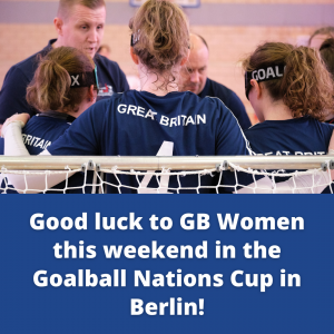 Blue square with photo of three GB Women players having a team huddle with their coaches