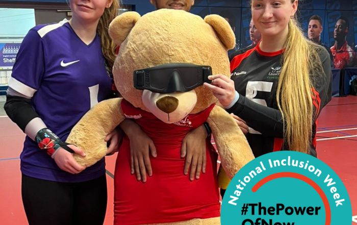 Three youth forum members with Dale the bear wearing an eye shield. They are looking toward the camera. There is a National Inclusivity Week logo in turquoise on the bottom right
